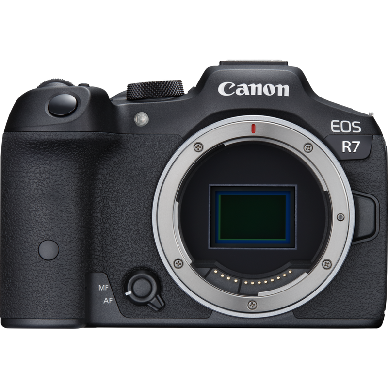 Canon EOS R7 spiegellose Kamera (Gehäuse) + RF-S 18-150mm F3.5-6.3 IS STM Objektiv + RF-S 10-18mm F4.5-6.3 IS STM Objektiv Produkte Ansicht des Gehäuses von vorne