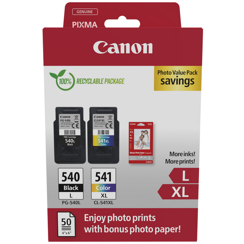 Canon PG-540L Black + CL-541XL Colour High Yield Ink Cartridges + Photo Paper – Value Pack Product Package front view
