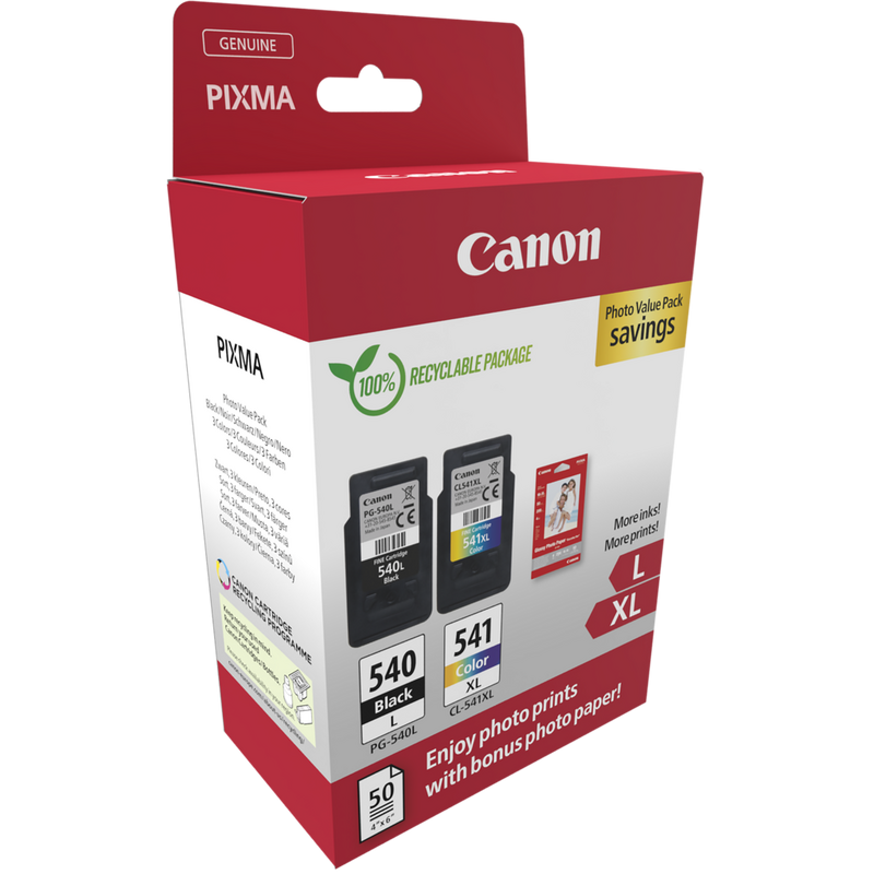 Canon PG-540L Black + CL-541XL Colour High Yield Ink Cartridges + Photo Paper – Value Pack Product Package angled view
