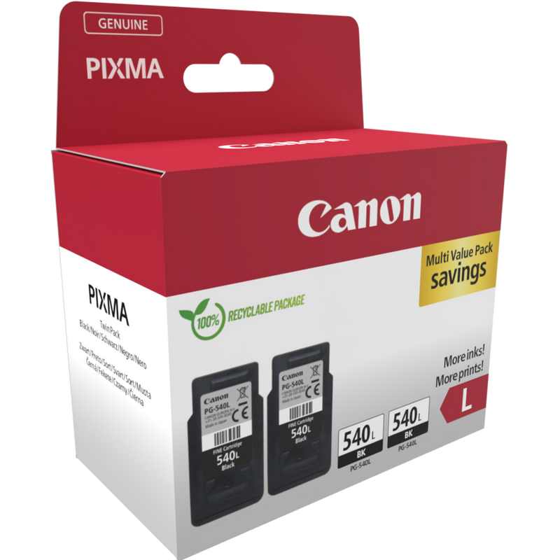Canon PG-540L High Yield Black Ink Cartridge, Twin Pack Product Left Slant View