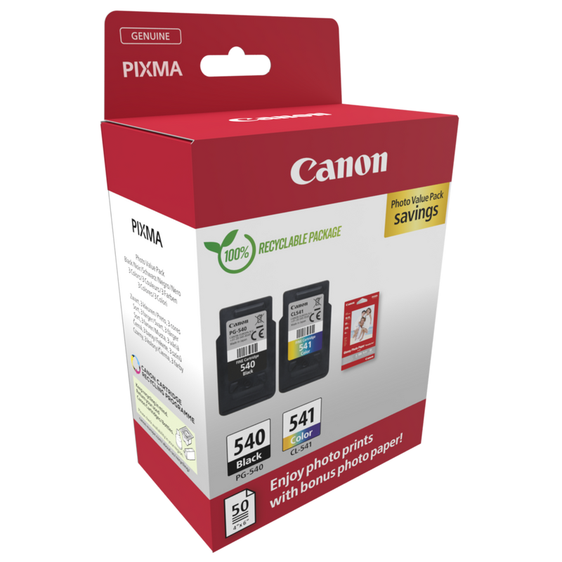Canon PG-540/CL-541 Ink Cartridge + Photo Paper Value Pack Product Package angled view