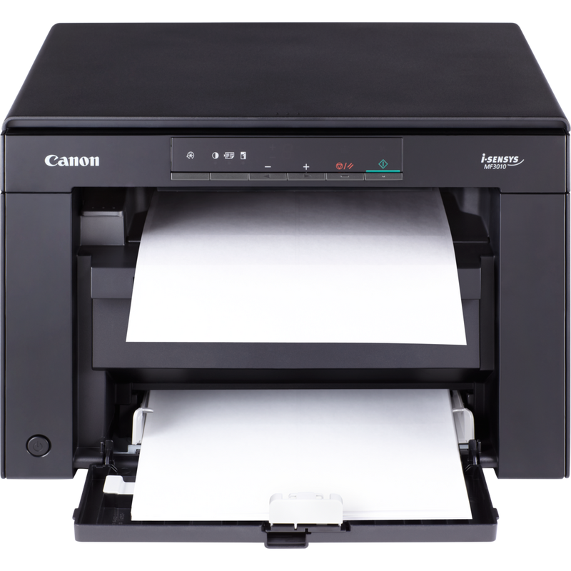 Canon i-SENSYS MF3010 3-in-1 Schwarzweiß-Laserdrucker + 2 Toner-Cartridges Schwarz Produkt Vorderansicht mit Papier außen