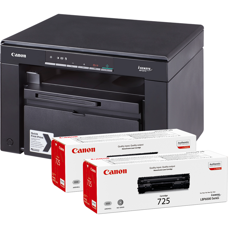 Canon i-SENSYS MF3010 3-in-1 Schwarzweiß-Laserdrucker + 2 Toner-Cartridges Schwarz Produkt Vorderansicht mit 2 Tonern