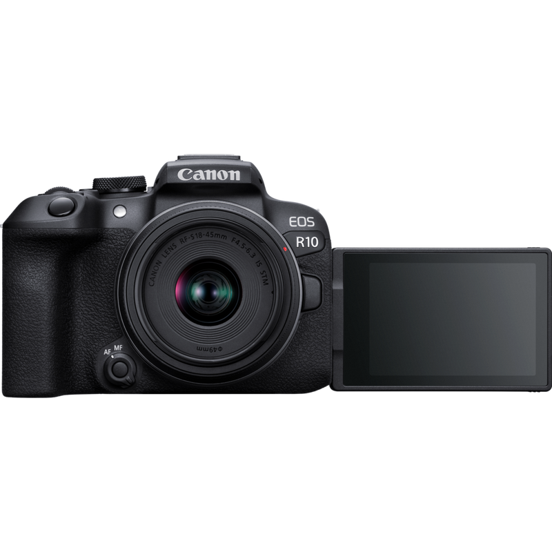 Canon EOS R10 spiegellose Kamera und RF-S 18-45mm F4.5-6.3 IS STM Objektiv Produkt Ansicht von vorn mit ausgeschwenktem Display