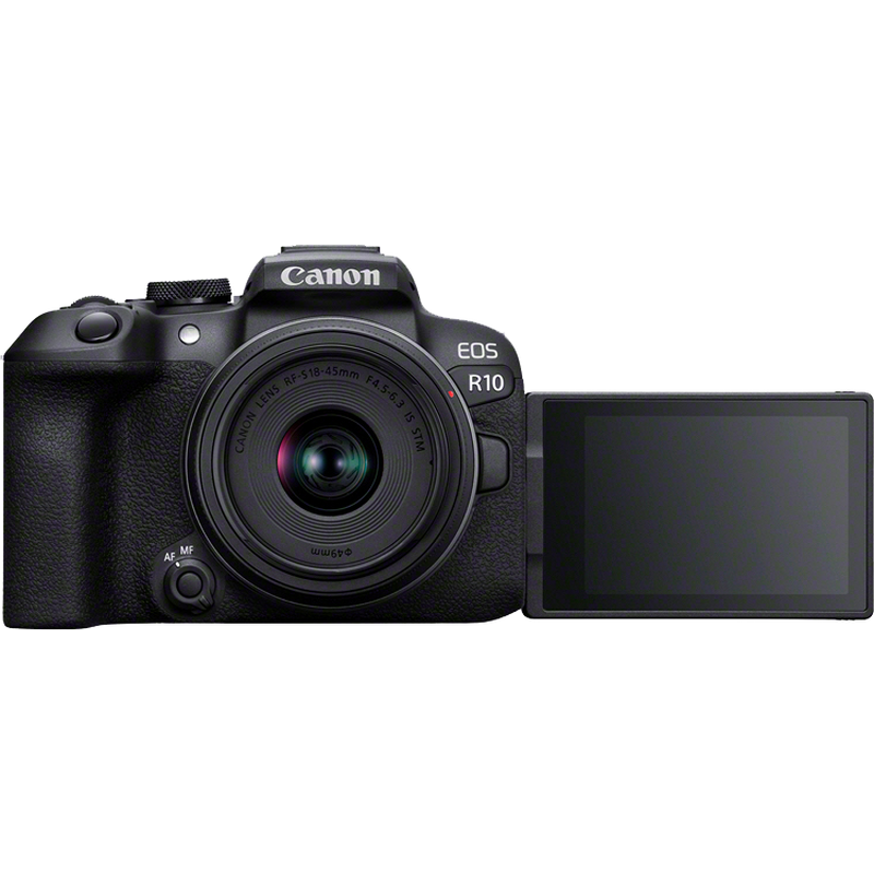 Canon EOS R10 spiegellose Kamera und RF-S 18-150mm F3.5-6.3 IS STM Objektiv Produkt Ansicht von vorn mit ausgeschwenktem Display