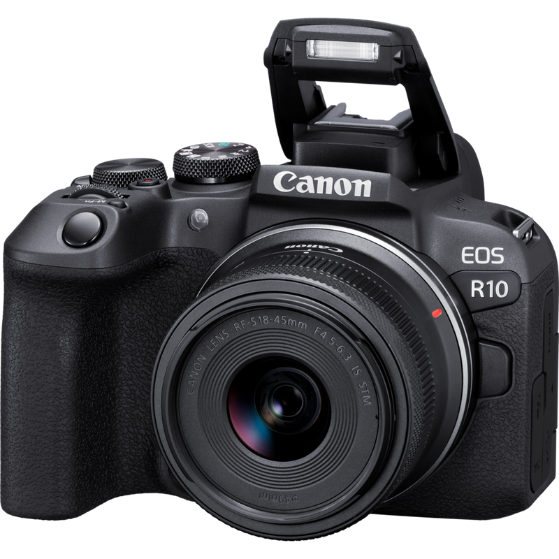 Canon EOS R10 Mirrorless Camera + RF-S 18-45mm F4.5-6.3 IS STM Lens + Backpack + SD Card + Spare Battery Product Front View Flash Open