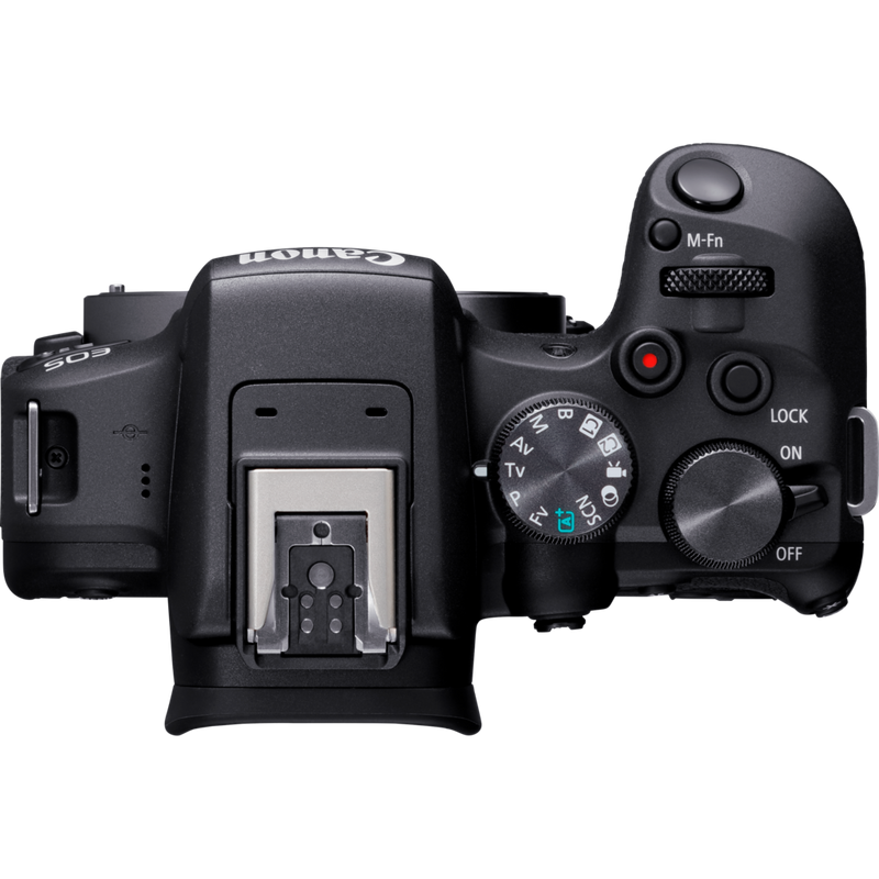 Canon EOS R10 Mirrorless Camera + RF-S 18-45mm F4.5-6.3 IS STM Lens + Backpack + SD Card + Spare Battery Product Top View