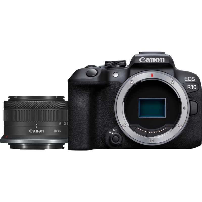 Canon EOS R10 spiegellose Kamera und RF-S 18-45mm F4.5-6.3 IS STM Objektiv Produkt Ansicht von vorn mit Objektiv