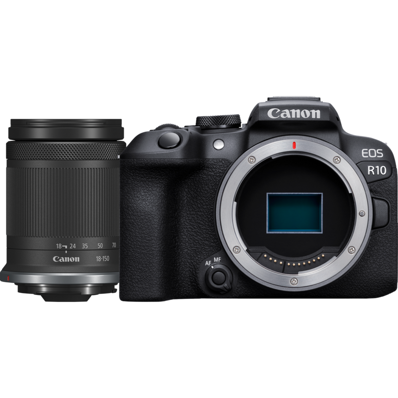 Canon EOS R10 spiegellose Kamera und RF-S 18-150mm F3.5-6.3 IS STM Objektiv Produkt Ansicht von vorn mit Objektiv