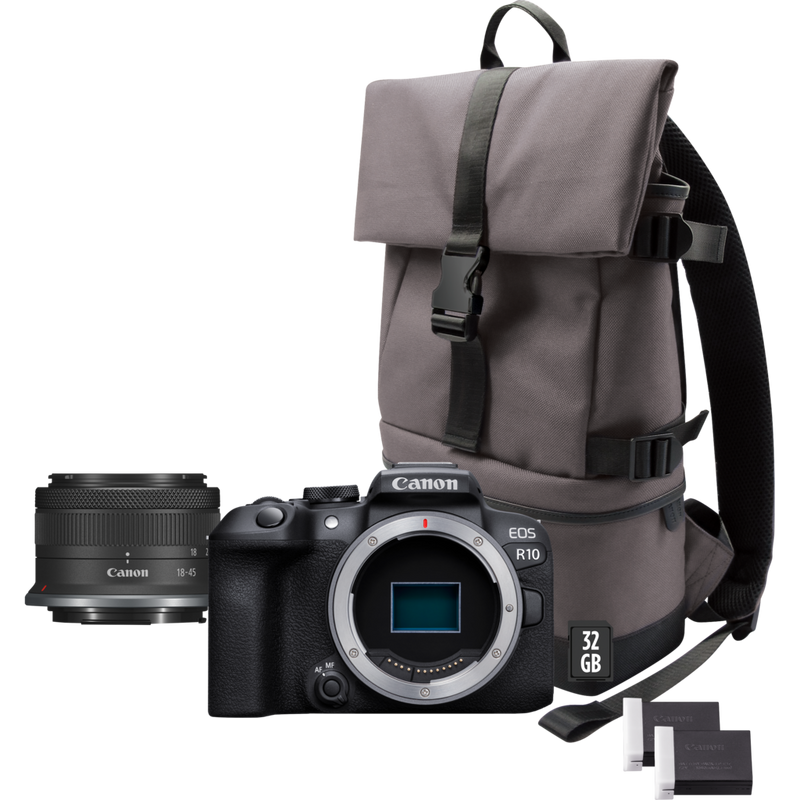 Canon EOS R10 spiegellose Kamera + RF-S 18-45mm F4.5-6.3 IS STM Objektiv + Rucksack + SD-Karte + Ersatzakku Produkt Kamera mit allen Zubehörteilen
