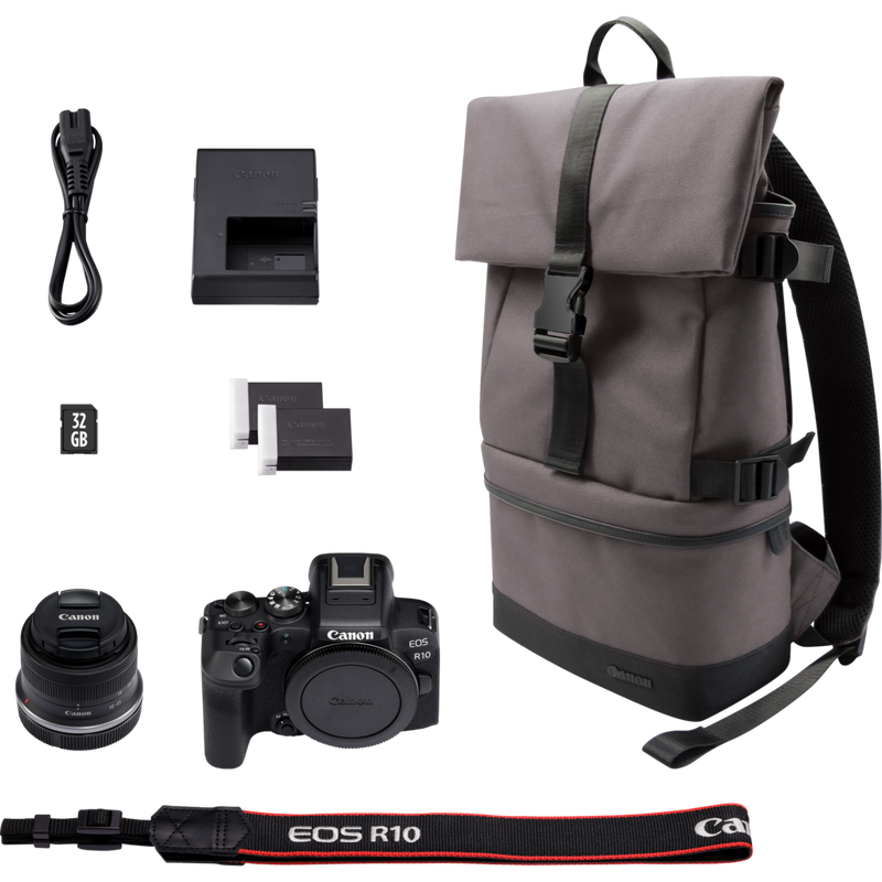 Canon EOS R10 spiegellose Kamera + RF-S 18-45mm F4.5-6.3 IS STM Objektiv + Rucksack + SD-Karte + Ersatzakku Produkt Lieferumfang