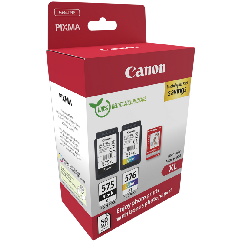 Canon PG-575XL/CL-576XL High Yield Ink Cartridge + Photo Paper Value PackProduct Front Angled View