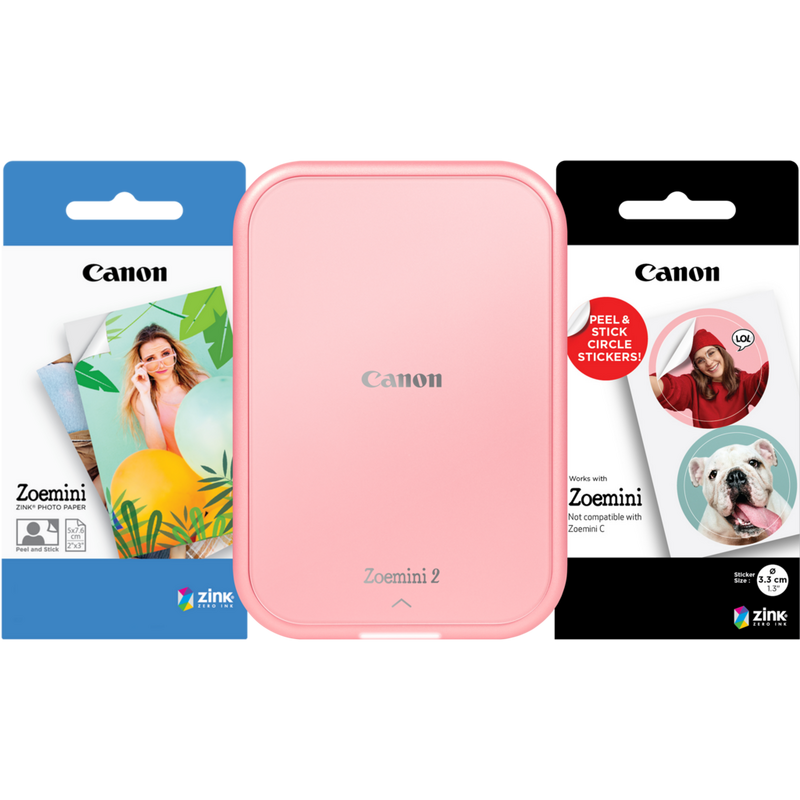 Canon Zoemini 2 tragbarer Farbfotodrucker, roségold + 20 Blatt 5 x 7,6 cm ZINK™ Fotopapier + 10 Blatt 3,3 cm ZINK™ rundes Stickerpapier Produkt Produkt mit Fotopapierpaketen