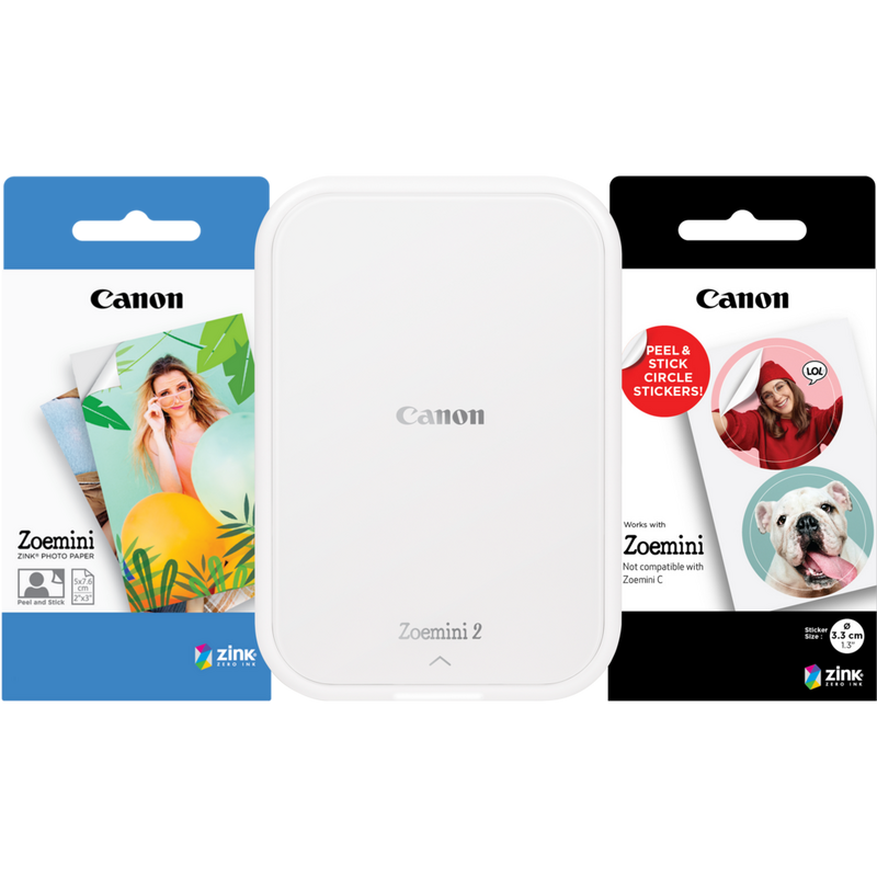 Canon Zoemini 2 tragbarer Farbfotodrucker, weiß + 20 Blatt 5 x 7,6 cm ZINK™ Fotopapier + 10 Blatt 3,3 cm ZINK™ rundes Stickerpapier Produkt Produkt mit Fotopapierpaketen