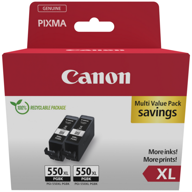 Canon PGI-550XL High Yield Black Ink Cartridge (Twin Pack) Product Package front view
