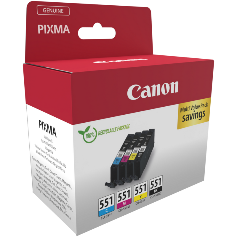 Canon CLI-551 BK/C/M/Y Ink Cartridge Multipack Product Packaging front angled view