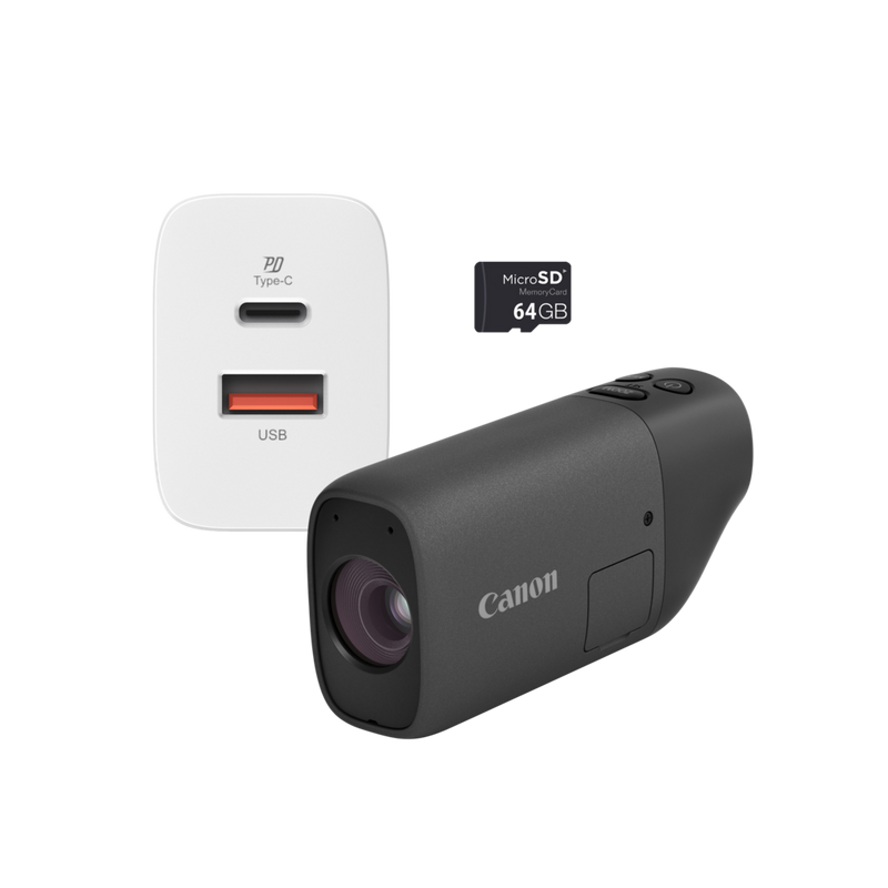 Canon PowerShot ZOOM kompakte Telezoom-Kamera im Spektiv-Stil Basis Kit, Schwarz Produkt Vorderansicht der Kamera mit Speicherkarte und Adapter