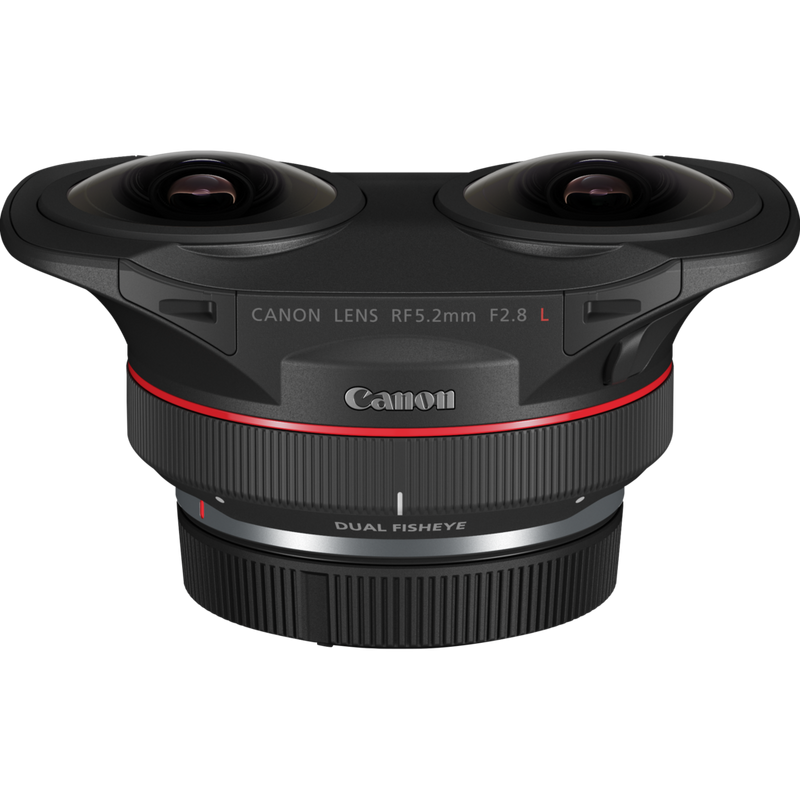 Canon RF 5.2mm F2.8 L DUAL FISHEYE Objektiv Produkt Diagonale Draufsicht mit Staubkappe