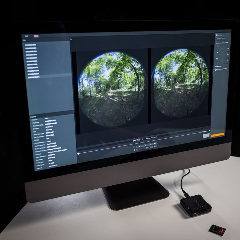 Canon RF 5.2mm F2.8 L DUAL FISHEYE Objektiv Ein Monitor, auf dem Bilder nebeneinander angezeigt werden