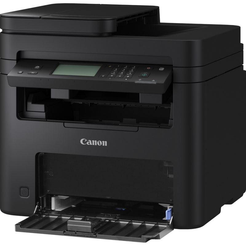 Canon i-SENSYS MF275dw Schwarzweiß-Laser-Multifunktionssystem, Schrägsicht des Produkts von vorne mit geöffnetem Papiereinzug und ausgeklapptem Papierfach