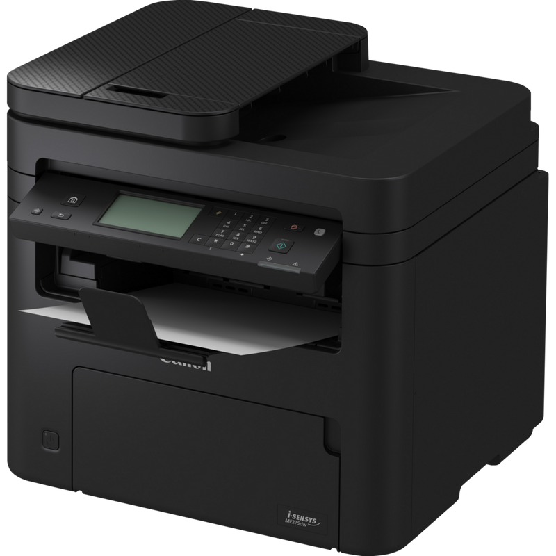Canon i-SENSYS MF275dw Schwarzweiß-Laser-Multifunktionssystem, Schrägansicht des Produkts von vorne mit ausgeklapptem Papierfach