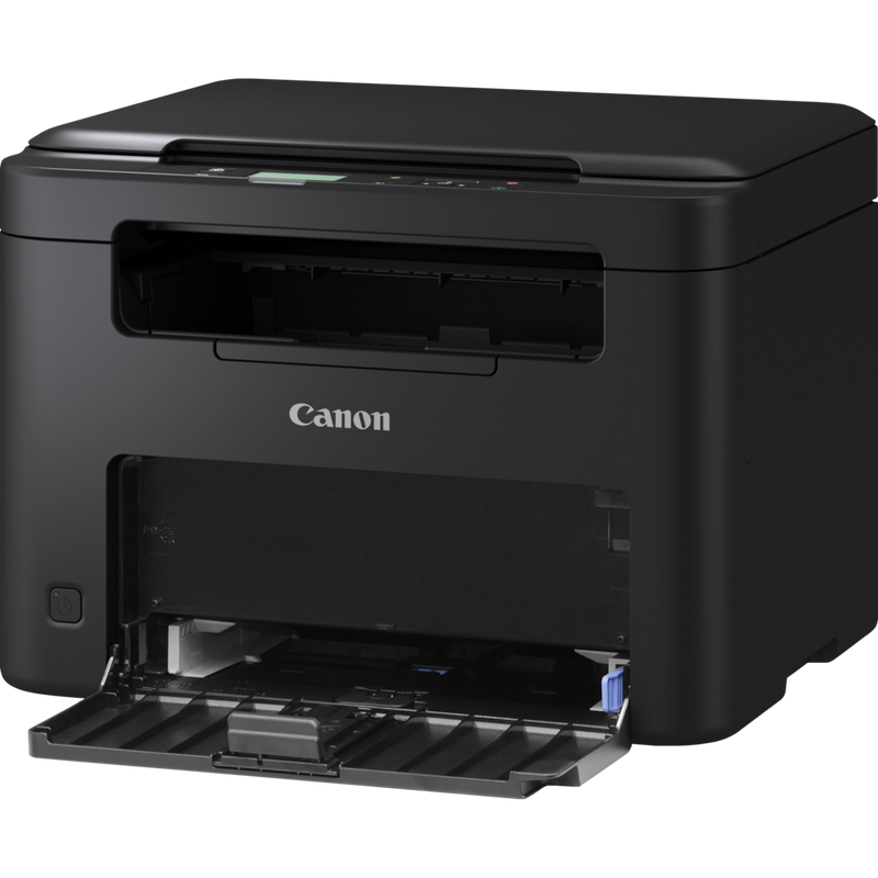 Canon i-SENSYS MF272dw 3-in-1 Schwarzweiß-Laser-Multifunktionssystem, Schrägsicht des Produkts von vorne mit geöffnetem Papiereinzug