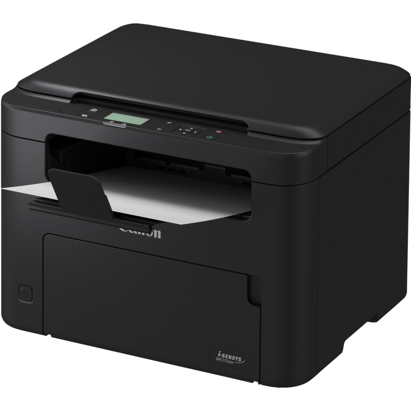 Canon i-SENSYS MF272dw 3-in-1 Schwarzweiß-Laser-Multifunktionssystem, Schrägansicht des Produkts von vorne mit ausgeklapptem Papierfach