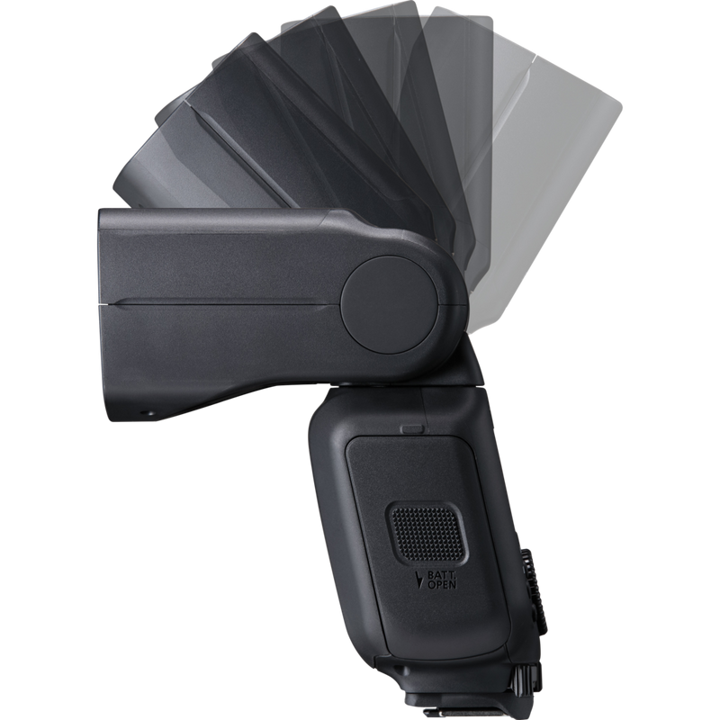 Ansicht der linken Seite mit Blitzkopf, der sich von oben nach unten dreht