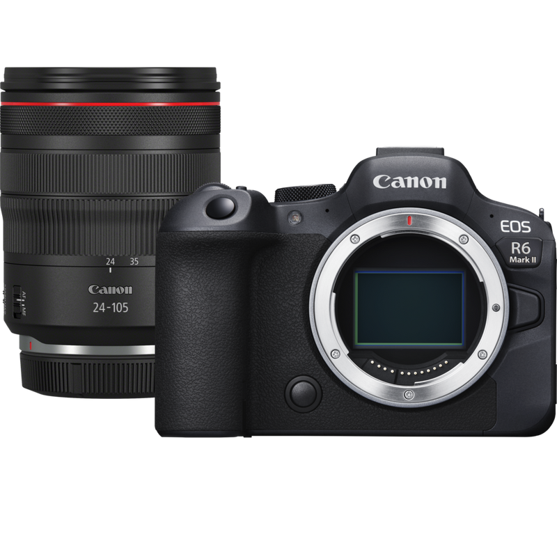 Canon EOS R6 Mark II Mirrorless Camera and RF 24-105mm F4L IS USM Lens Produkt Vorderansicht von Kamera und Objektiv