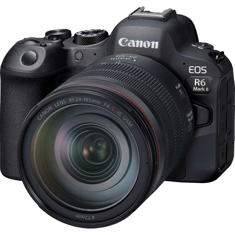 Canon EOS R6 Mark II Mirrorless Camera and RF 24-105mm F4L IS USM Lens Produkt Schräge Vorderansicht