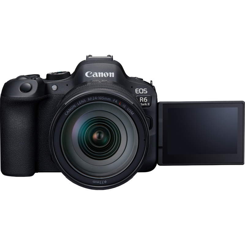 Canon EOS R6 Mark II Mirrorless Camera and RF 24-105mm F4L IS USM Lens Produkt Vorderansicht mit ausgeklapptem Bildschirm