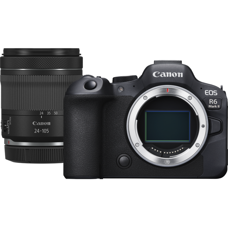Canon EOS R6 Mark II Mirrorless Camera and RF 24-105mm F4-7.1 IS STM Lens Produkt Vorderansicht von Kamera und Objektiv