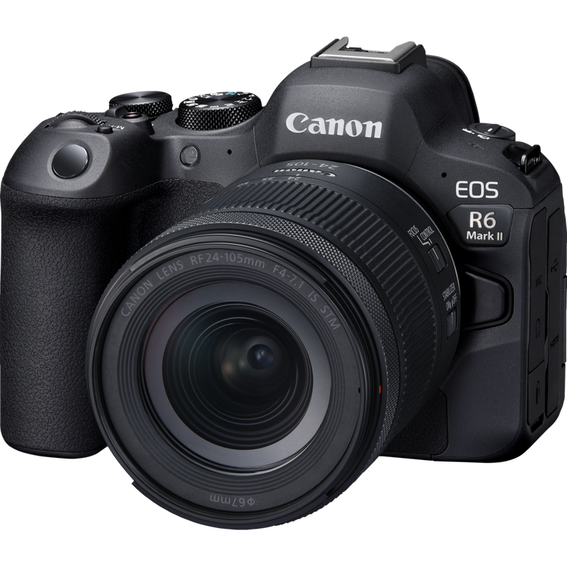 Canon EOS R6 Mark II Mirrorless Camera and RF 24-105mm F4-7.1 IS STM Lens Produkt Schräge Vorderansicht