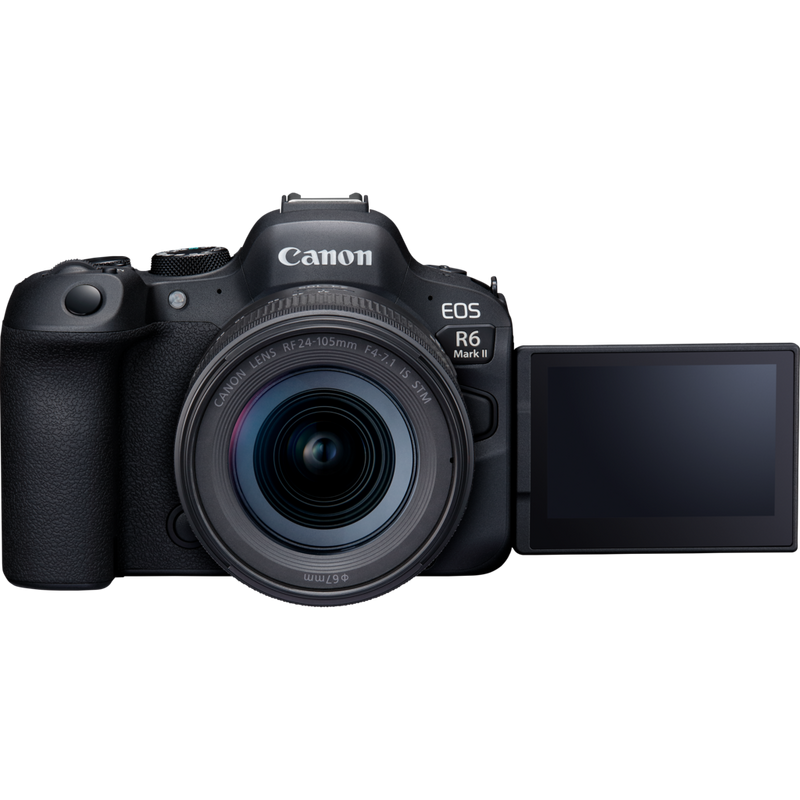 Canon EOS R6 Mark II Mirrorless Camera and RF 24-105mm F4-7.1 IS STM Lens Produkt Vorderansicht mit ausgeklapptem Bildschirm