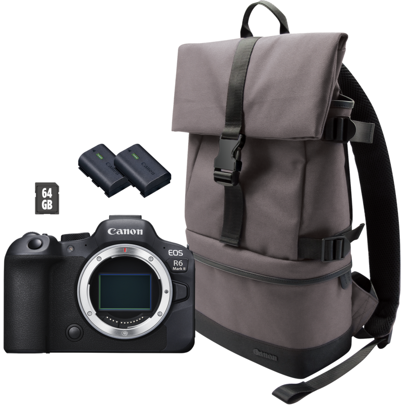 Canon EOS R6 Mark II spiegellose Kamera, Schwarz + Rucksack + SD-Karte+ Ersatzakku Produkte Kameragehäuse allein mit Tasche, Akkus und SD-Karte