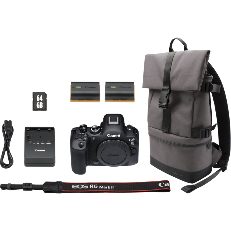 Canon EOS R6 Mark II spiegellose Kamera, Schwarz + Rucksack + SD-Karte+ Ersatzakku Produkte Lieferumfang