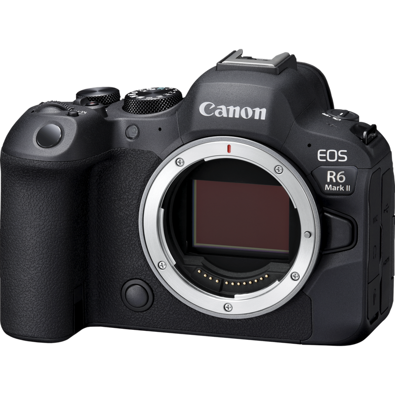 Canon EOS R6 Mark II spiegellose Kamera, Schwarz + Rucksack + SD-Karte+ Ersatzakku Produkte Ansicht des Kameragehäuses von vorne links