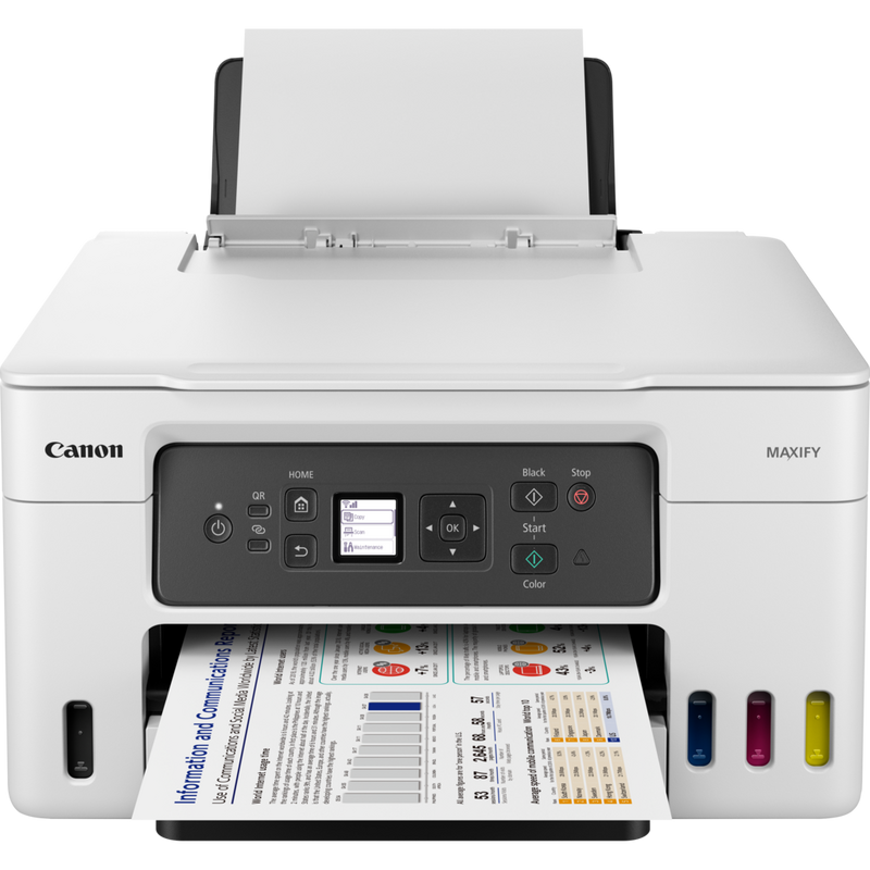 Canon MAXIFY GX3050 MegaTank 3-in-1 Tintenstrahl-Multifunktionssystem mit nachfüllbaren Tintentanks und WLAN Produkt Vorderansicht mit geöffnetem Fach