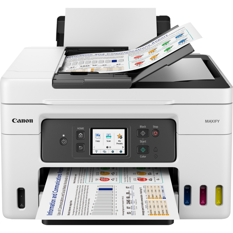 Canon MAXIFY GX4050 MegaTank Farb-Tintenstrahl-Multifunktionssystem mit WLAN und nachfüllbaren Tintentanks Produkt Vorderansicht mit ausgeklapptem Fach