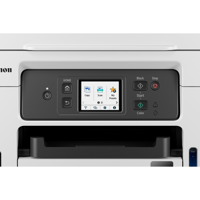 Canon MAXIFY GX4050 MegaTank Farb-Tintenstrahl-Multifunktionssystem mit WLAN und nachfüllbaren Tintentanks Produkt Vorderansicht mit vergrößertem Display