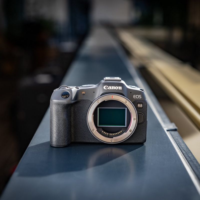 Canon EOS R8 spiegellose Kamera und RF 24-50mm F4.5-6.3 IS STM Objektiv Kamera im Hintergrund
