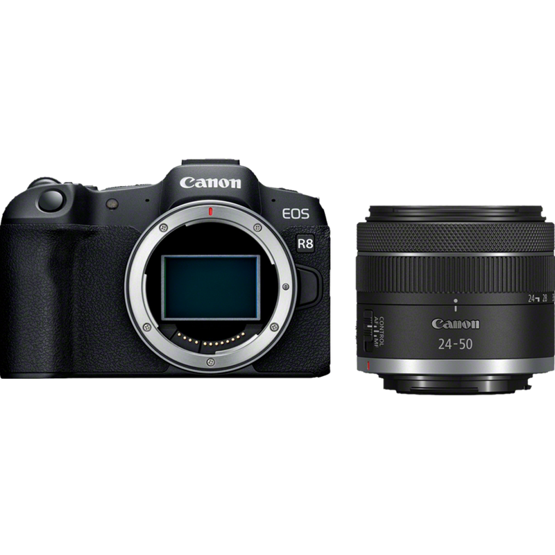 Canon EOS R8 spiegellose Kamera und RF 24-50mm F4.5-6.3 IS STM Objektiv Produkt-Kit Ansicht von vorn