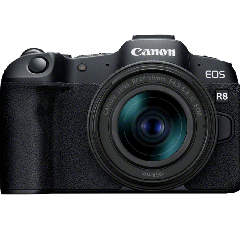Canon EOS R8 spiegellose Kamera und RF 24-50mm F4.5-6.3 IS STM Objektiv Produkt Ansicht von vorn