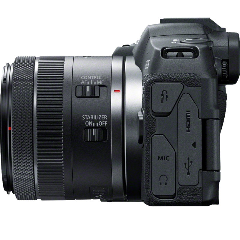 Canon EOS R8 spiegellose Kamera und RF 24-50mm F4.5-6.3 IS STM Objektiv Produkt Ansicht von links