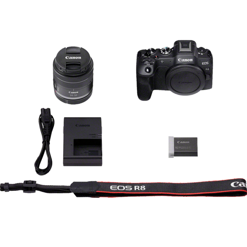 Canon EOS R8 spiegellose Kamera und RF 24-50mm F4.5-6.3 IS STM Objektiv Produkt Lieferumfang