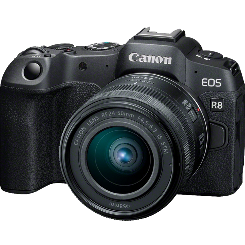 Canon EOS R8 spiegellose Kamera und RF 24-50mm F4.5-6.3 IS STM Objektiv Produkt Ansicht von schräg vorn