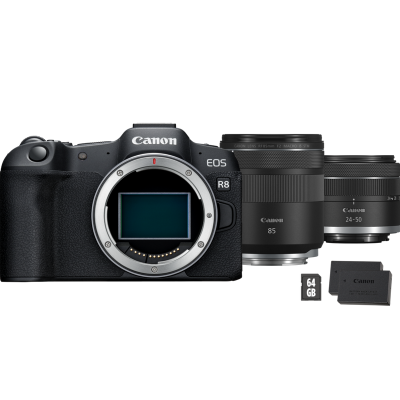 Canon EOS R8 spiegellose Kamera (Gehäuse), Schwarz + RF 85mm Macro IS STM Objektiv + RF 24-50mm IS STM Objektiv Produkte Ansicht von vorne mit Objektiven und Speicherkarte