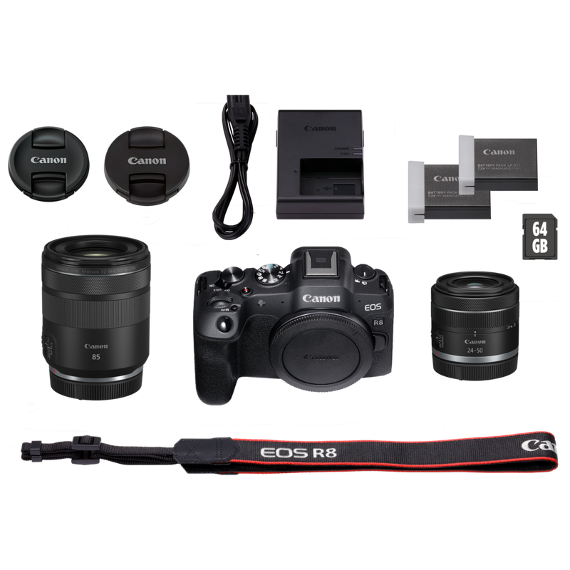 Canon EOS R8 spiegellose Kamera (Gehäuse), Schwarz + RF 85mm Macro IS STM Objektiv + RF 24-50mm IS STM Objektiv Produkte Lieferumfang