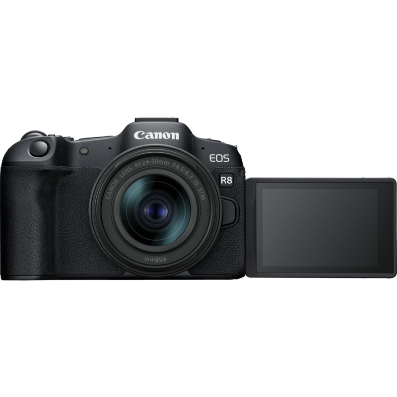 Canon EOS R8 spiegellose Kamera (Gehäuse), Schwarz + RF 85mm Macro IS STM Objektiv + RF 24-50mm IS STM Objektiv Produkte Ansicht mit ausgeklapptem Bildschirm von vorne