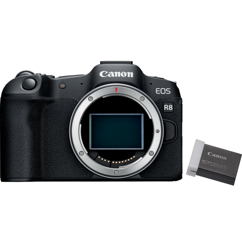Canon EOS R8 spiegellose Kamera + Ersatzakku Produkt Vorderansicht mit Akku